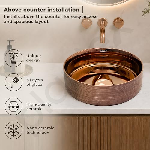Image of Plantex Ceramic Round Wash Basin /Designer Table Top Washbasin /Countertop Wash Basin for bathroom /Home /Office (Rose Gold-14x14x5 Inch)