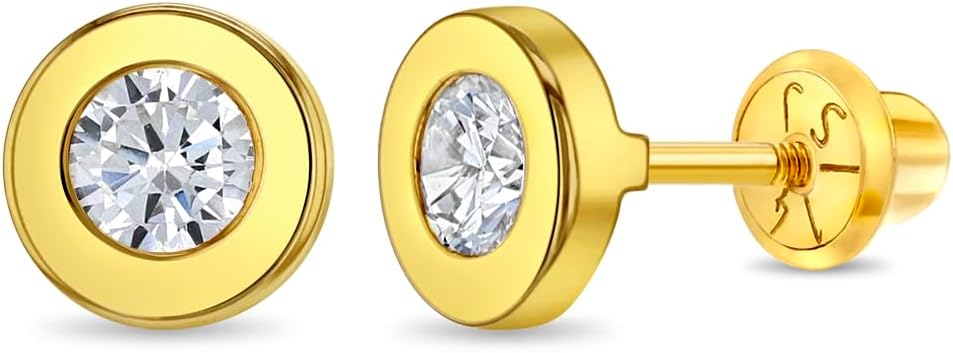 14k Yellow Gold Round Bezel Cubic Zirconia Safety Screw Back Earrings For Toddlers and Little Girls - Children's Cubic Zirconia Stone Earrings For Everyday Wear