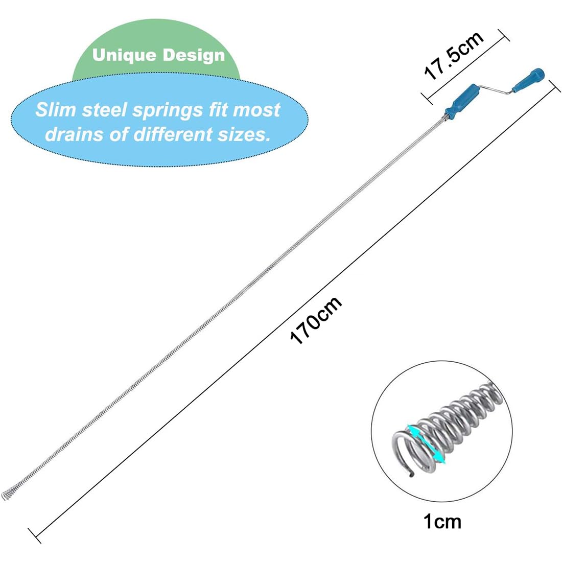 170cm Drain Unblocker Wire Tool, Plumbing Snake Drain Auger Drain Cleaning Tool, Drain Snake Drain Cleaner Tool, Plumbers Snake Drain Hair Remover for Washbasins Tub Shower Pipe Cleaning - Image 2