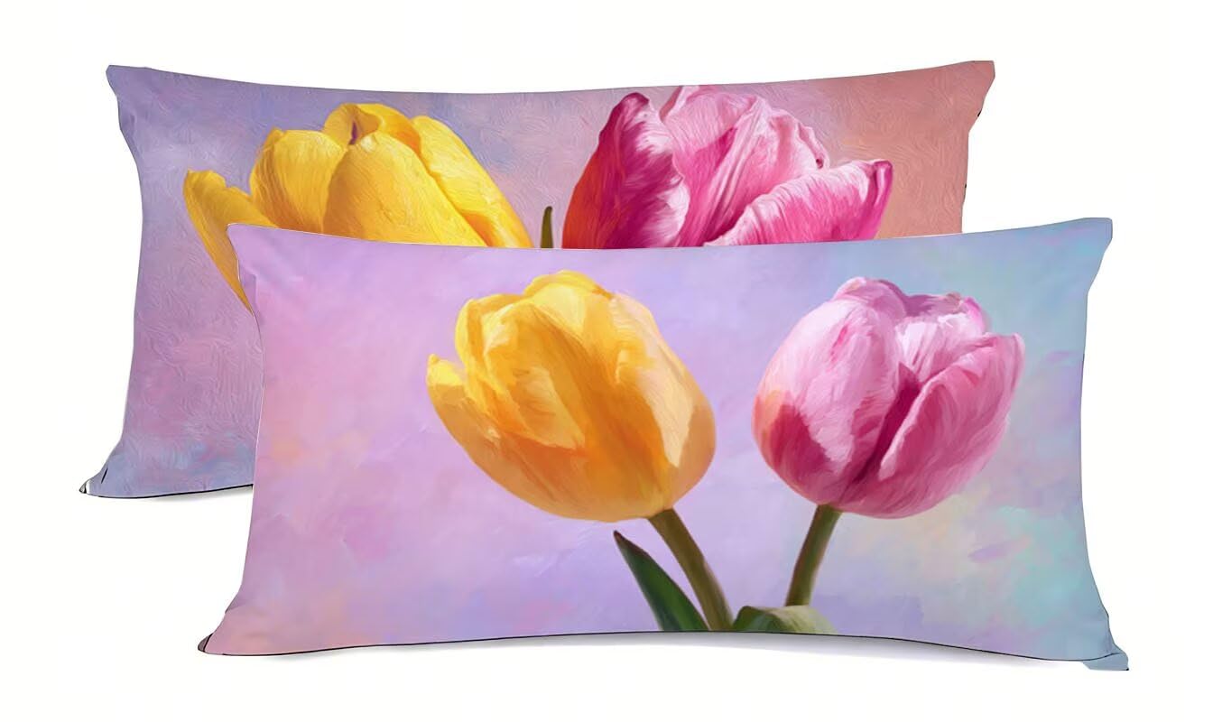 Housse de coussin décoratif 40x70cm avec protège oreiller rectangulaire jaune rose