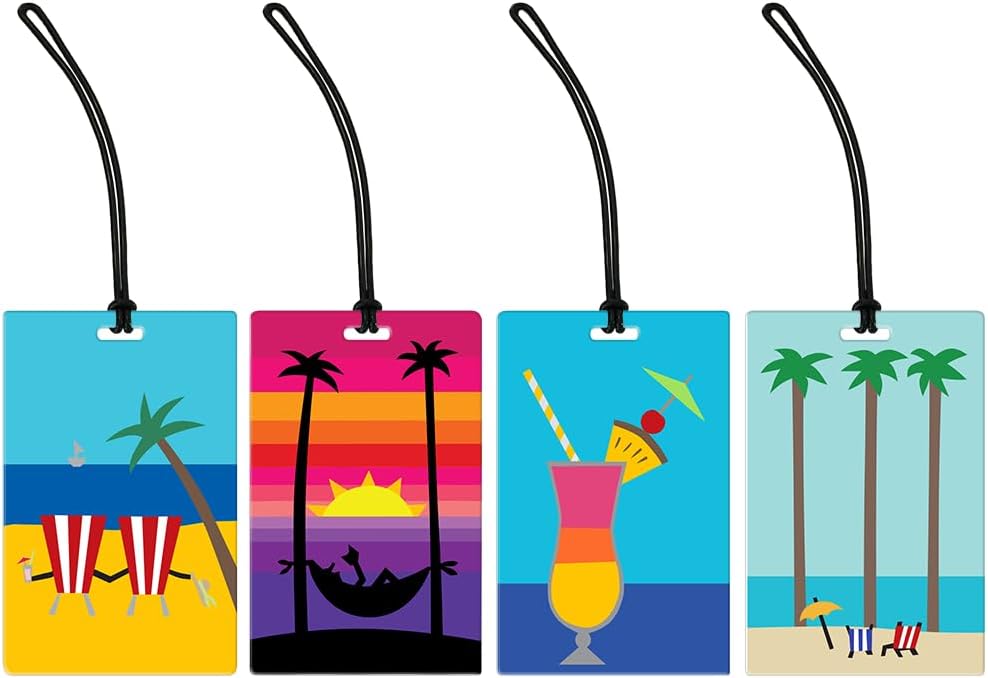R. Nichols Ski Vacation Life Luggage Tag Set - Sturdy Waterproof Plastic Travel Labels for Baggage, Suitcases, Backpacks, and Diaper Bags, 4 Assorted 2.5 Inch x 4 Inch Tags With Black Loop Attachments