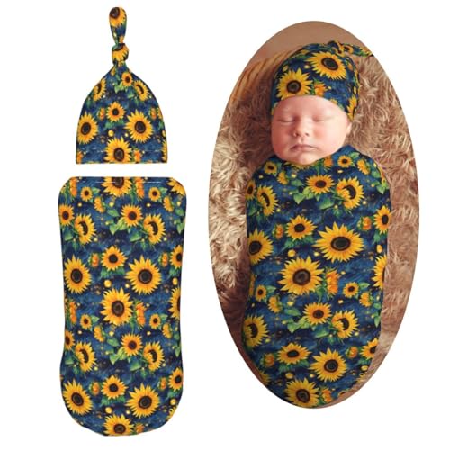 Image of Sunflowers Starry Night Newborn Swaddle Blankets Hat Sets Soft Baby Receiving Blanket Swaddle Sack for Baby Shower Infant Boy Girl Gift
