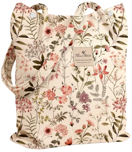 Miss Adola Corduroy Tote Bag for Women - Reusable Totes with Inner Pocket & Buckle Cute Aesthetic Design Cloth Shopping Grocery Shoulder Bag for Work Travel, PK Flower