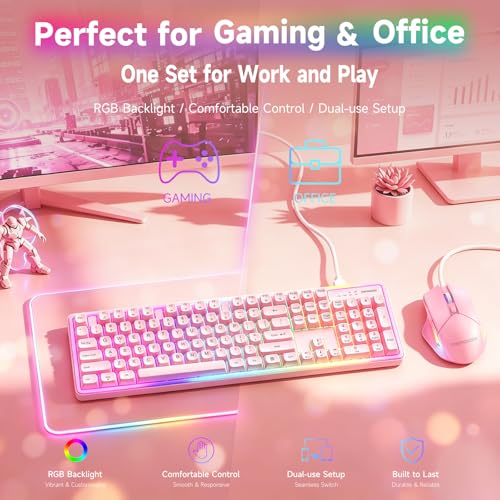 Image of memzuoix Wired RGB Keyboard and Mouse Combo for Office & Gaming, Pink