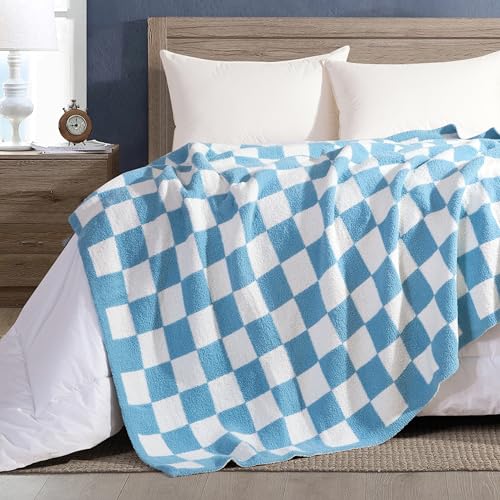 Image of Elegant Comfort Checkered Throw Blanket, Aqua Super Soft Cozy Fluffy Warm Throw Blankets for Couch, Sofa, Chair, Bed, Camping, Picnic, Travel Lightweight Bed Blanket (50 inch x 70 inch)