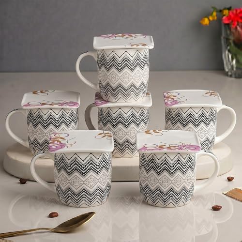 Image of U.P.C. Premium Bone China Ceramic Coffee Mug Set of 6 with 6 Coasters | Designer Tea & Coffee Cups |Printed Ceramic Mug Set | Tea Cups for Home,Office.