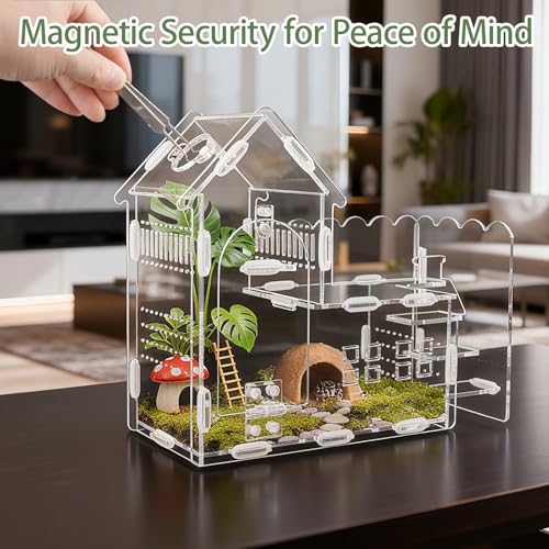 Image of Magnetic Acrylic Terrarium for Jumping Spiders & Small Pets - Easy-Access Front Opening, Feeding Hole, Ideal for Reptiles, Tarantulas, Hermit Crabs & More