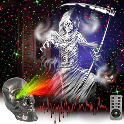 Halloween Projection Light with Timer 5 Red and Green Light Modes and Scary Music 3D Grim Reaper Projection Decorative Light for Outdoor, Indoor Walls, Floors, Roofs and Halloween Decoration Party