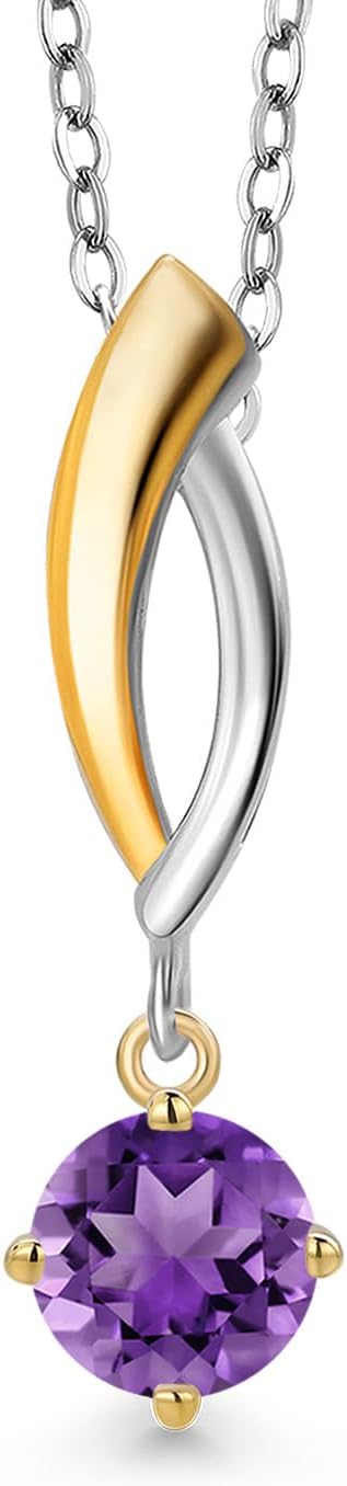 Gem Stone King 925 Silver and 10K Yellow Gold Purple Amethyst Pendant Necklace for Women | 0.48 Cttw | Gemstone February Birthstone | Round 5MM | With 18 Inch Silver Chain