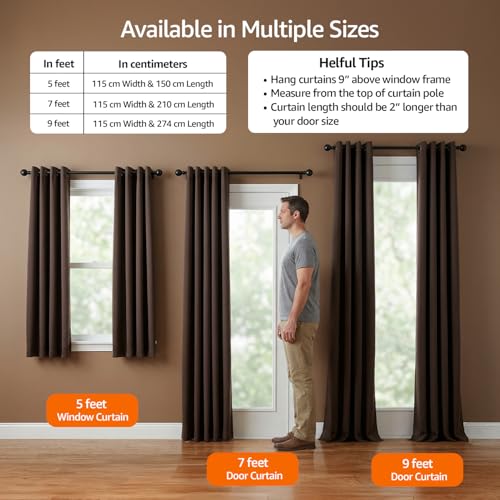 Image of Amazon Basics - Room Darkening Blackout Door Curtains, 100% Room Darkening | 9 Feet |Set of 2| Plain Design | for Living Room and Bedroom | 115cmx274cm, Color- Coffee