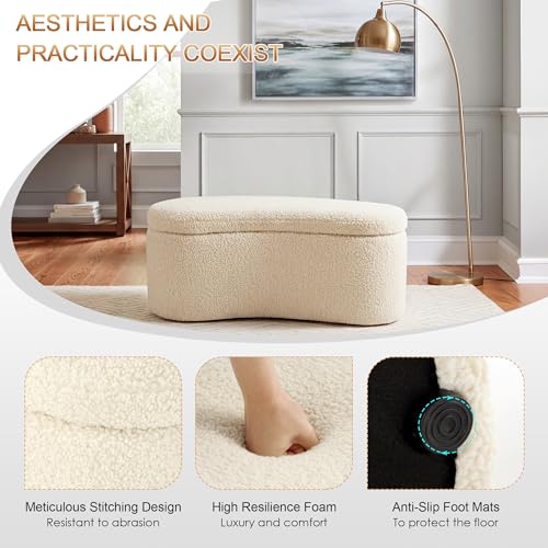 Image of Zesthouse Storage Bench for Bedroom End of Bed, 39.4 inch Small Curved Entryway Ottoman Bench, White Sherpa Fabric Bench Seat for Living Room Hall Mudroom, Modern Upholstered Coffee Table Crescent Shape