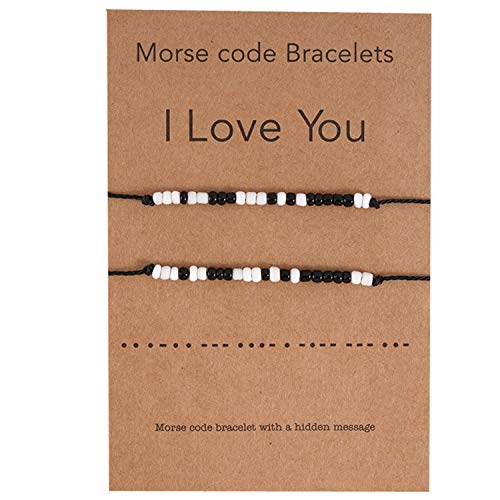 LANSEYAOJI Código Morse Pulseras 2 Piezas Pinky Promise Distance Amistad Pulseras Madre e Hija Relación Conjuntos Pulseras Hecha a Mano Cuerda Girasol Pulseras,Parejas Familia Niñas Mujer,Black/White