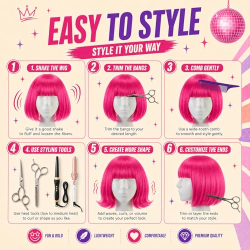 Image of Wesiti 24 Pcs 6 Sets Wigs Tutus Glasses for Women Costume,Rose Red,Lovely