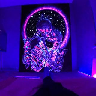 HOLAVIDA Blacklight Trippy Tapestry Skeleton, Neon Fluorescent UV Reactive The Kissing Lovers Poster, Wall Hanging for Glow in The Dark Wall Decoration Living Room Bedroom Party 150x130cm