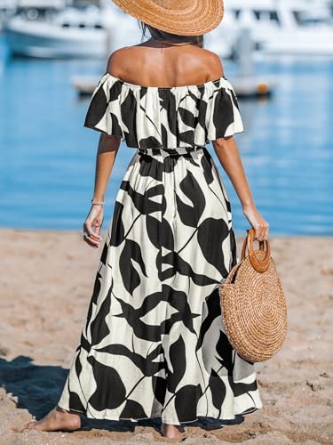 CUPSHE Women Ruffle Floral Maxi Summer Dress Off Shoulder Short Sleeve Backless Flounce Bodice Slit Hem Beach Dresses2