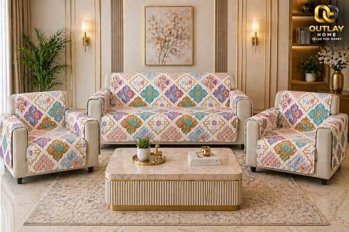 Image of Printed Quilted Sofa Mat for 5 Seater (3+1+1) - Floral Design Slipcover with Armrest, Pockets on Both Sides, Fully Covered Sofa Protector - Multicolor