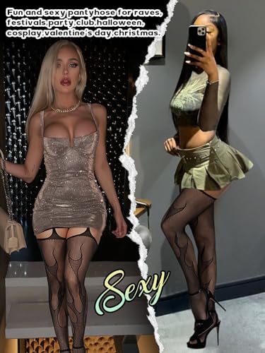 Image of Sesiwadbe Womens Fishnet Patterned Tights High Waist Suspenders Pantyhose Thigh High Stockings