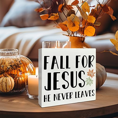 Image of Fall Table Wooden Box Sign Decor, Fall for Jesus He Never Leaves, Autumn Christian Table Decorations for Home Office Harvest Thanksgiving Desk Decor