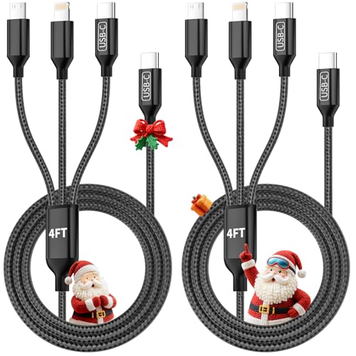 Travel Vacation Essentials USB C Multi Charging Cable, 2Pack 4FT Nylon 3-in-1 Charging Cord for Multiple Devices with Type C/Micro/IP Port, Universal Charger Cable for Cell Phone/Switch/Pad/Tablets