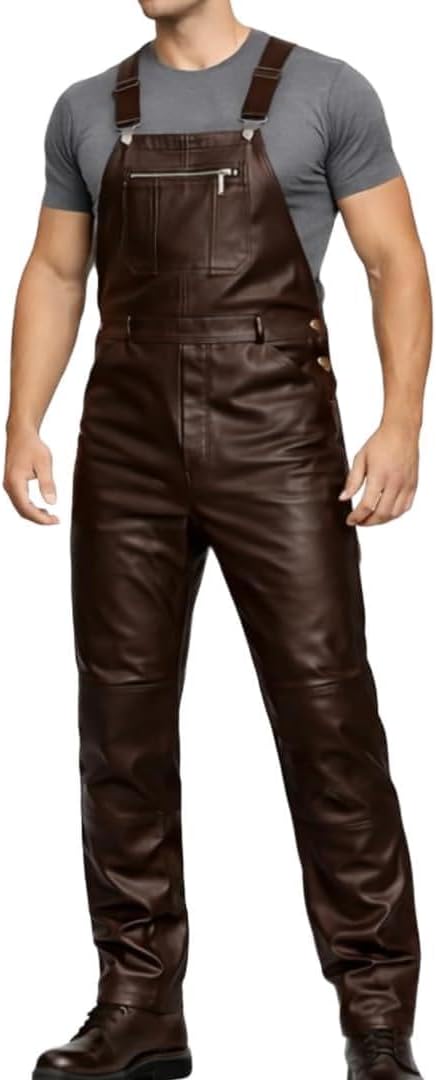 Men's Leather Overall bib Pants Workwear Dungaree