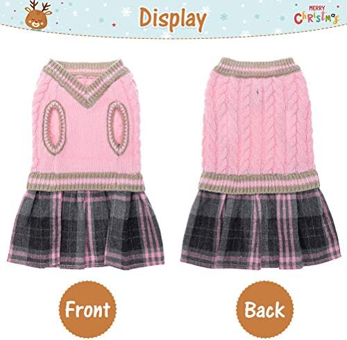 BINGPET Cute Dog Jumper Dress - Warm Pullover Pet Sweater, Puppy Cat Knit Clothes with Classic Plaid Pattern for Fall Winter