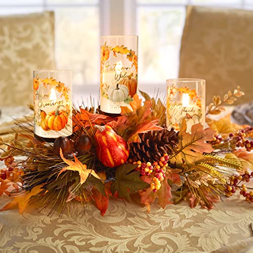 Image of Glass Flameless Candles Flickering Battery Operated with Remote Pumpkin Theme Farm House Realistic Pillar Candle for Fall Decor Havest Celebration Home Party, Set of 3