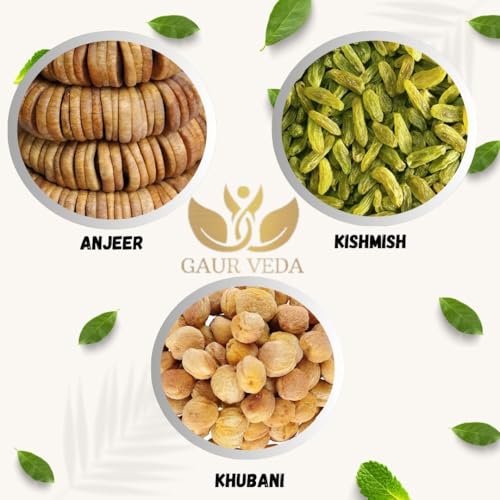 Image of GAURVEDA Anjeer Kishmish Khubani Delight - Premium Dry Fruits Combo, Figs Raisins Apricots Mix (50 Grams Each, Anjeer + Kishmish + Khubani)