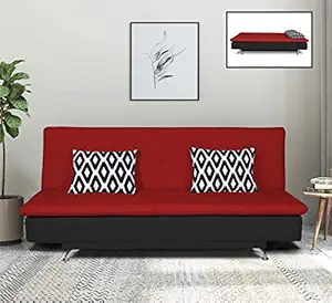 Adorn India Walton Plain Two Tone Rhombic Sofa Cum Bed with 2 Cushion, (Red & Black)