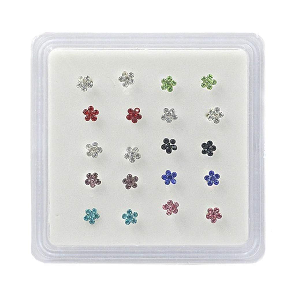 KingbeefLIU Nose Stud 20Pcs/Box Women Flower Rhinestone Silver Plated Nose Stud Body Piercing Jewelry Multi-Color