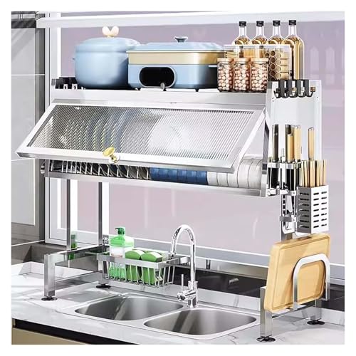 Escurridor de platos grande de acero inoxidable sobre el fregadero de 2 niveles, diseño que ahorra espacio para organización de la cocina y secado eficiente