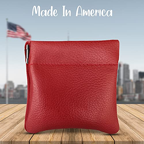 Image of Nabob Leather Genuine Leather Squeeze Coin Purse, Coin Pouch Made IN U.S.A. Change Holder For Men /Woman Size 3.5 X 3.5 (Red)