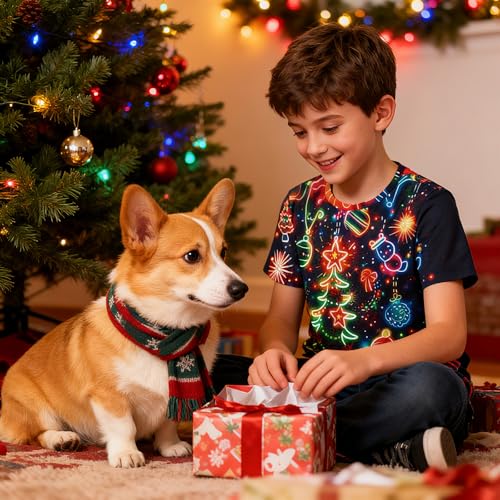 Image of uideazone Christmas Neon Tshirts for Boys Kids 13T Christmas Tree Short Sleeve T-Shirt 3D Graphic Print Snowman Tee Shirts 13-14 Years
