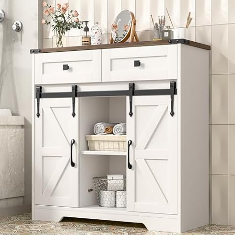 Emirde Farmhouse Storage Cabinet with Sliding Barn Doors and Drawers, Bathroom Cabinet Floor Storage Cabinet for Bathroom, Kitchen, Living Room, Rustic Style Cabinet, White Cover