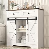 Befrases Farmhouse Storage Cabinet, Bathroom Cabinet with 2 Sliding Barn Doors, Floor Storage Cabinets with Adjustable Shelves and 2 Drawers for Kitchen, Living Room, Dining Room, White