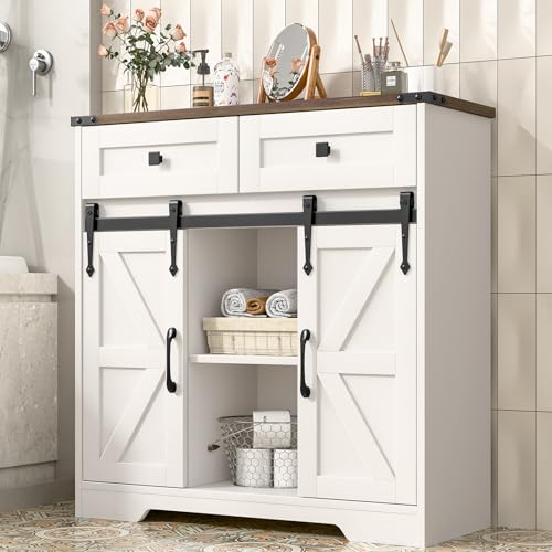 Image of Befrases Farmhouse Storage Cabinet, Bathroom Cabinet with 2 Sliding Barn Doors, Floor Storage Cabinets with Adjustable Shelves and 2 Drawers for Kitchen, Living Room, Dining Room, White