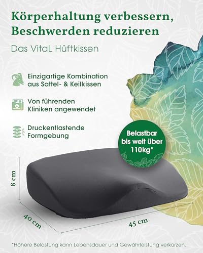 VitaL Kissen® – Hüftkissen- das Original. Orthopädisches Sitzkissen – Ergonomisches Keilkissen für Bürostuhl & Stuhl – Entlastet Rücken, Hüfte, Knie & LWS – Gegen Schmerzen & für aufrechtes Sitzen