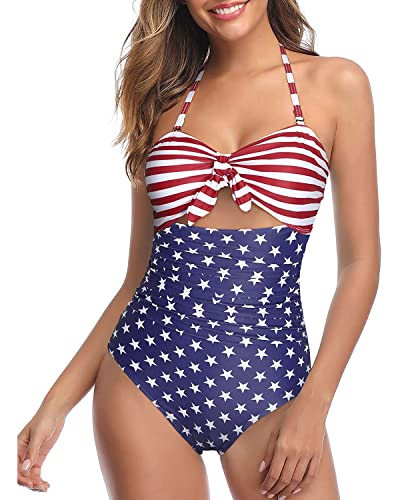 Image of Tempt Me Women Sexy Cutout One Piece Swimsuits Tummy Control High Waisted Halter Front Tie Knot Bathing Suit