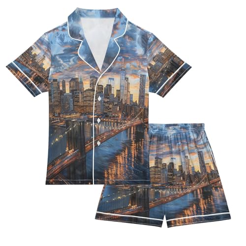 ALAZA Brooklyn Bridge and Manhattan at Sunset Satin Pajamas Set Short Sleeve Button Down Sleepwear Summer Pjs 2 Piece