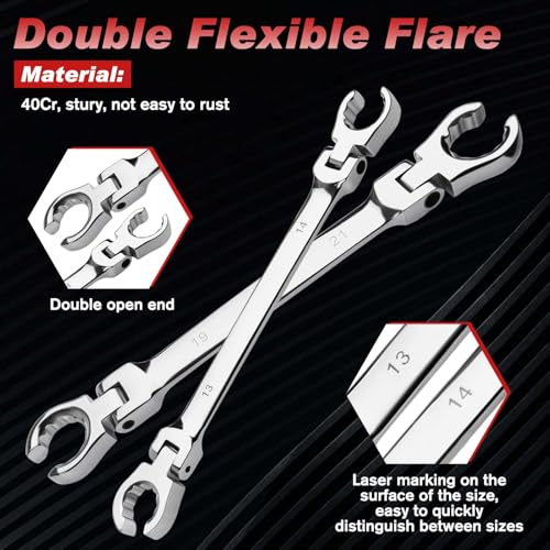 Image of 6 Piece Flex Head Flare Nut Wrench Set Metric 9-21mm, 40 Cr Double Open End Brake Line Wrench for Automotive Brake, Fuel, AC Lines and Plumbing Repairs, Flex Tools with EVA Storage Tray