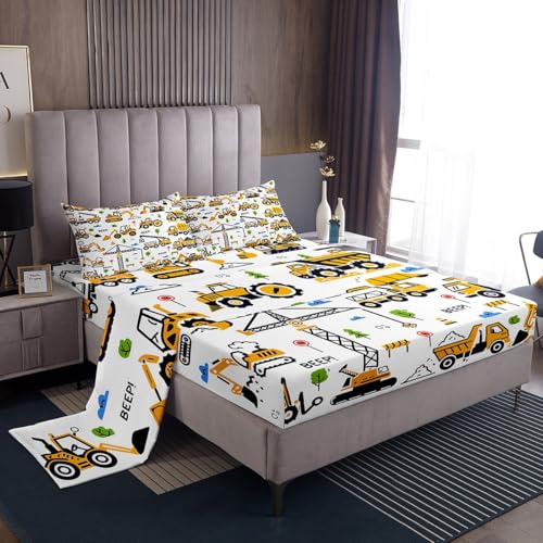 Feelyou Construction Truck Bedding Sets Kids Boys Cartoon Excavator Vehicle Tractor Cars Bed Sheets King Size Machinery Equipment Fitted Sheet Set Yellow Decor
