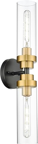 Emak Luces de tocador negras y doradas para espejo, modernas lámparas de baño de 22 pulgadas con pantalla de vidrio transparente, aplique de pared