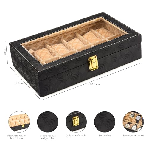 Image of NAAZS Trendy Watch Box Organizer for Men & Women Black Leatherette Watch Storage Case with Transparent Lid Holds 12 Watches Stylish Wrist Watch Display,Organizer,Case,Box