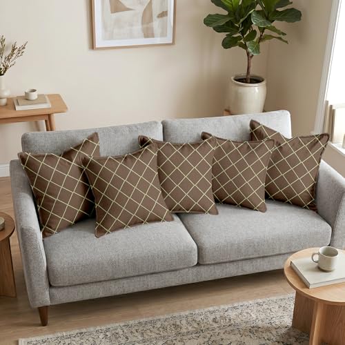 Image of Divine Casa Decorative Cushion Cover Set of 5 Coffee | Velvet Feel Polyester Cushion Covers 16x16 Inch | Sofa Cushion Covers with Golden Lace Border | Modern Cushion Covers for Living Room