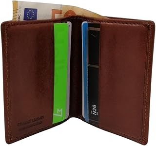 Mini Portafoglio Uomo Porta Carte di Credito con Protezione Rfid, Sei Scomparti e Tasca per Banconote, in Vera Pelle, Made in Italy, Colore Cuoio