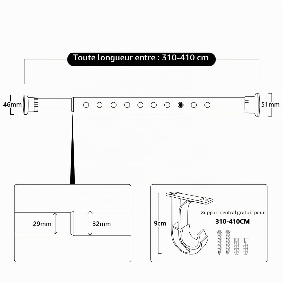 Vailge – Tringle à rideau extensible et réglable, aucun perçage nécessaire, résistante - Idéale pour fenêtre, diviser une pièce en deux et pour la salle de bain (noir, 310-410 cm)