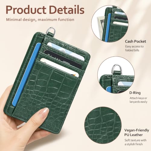 Image of Coco Rossi Crocodile Wallet Women Slim Credit Card Holder with Keychain | Luxury Wallets, Alligator Print, RFID Blocking, ID Case, Small Minimalist, Womens Girls Gift, Forest Green Croc