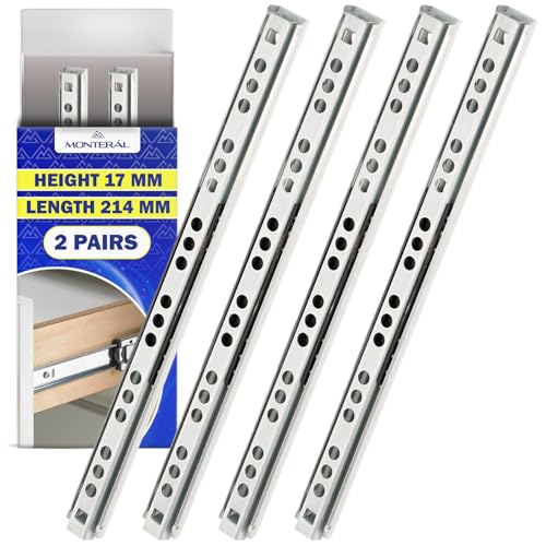 1 Par Guias Correderas para Cajones con Rodamiento de Bolas 214 mm x H 17 mm - Rieles para Cajones Telescópicas Tienen una Extensión Parcial de 134 mm - Garantía de 10 Años - MONTERAL