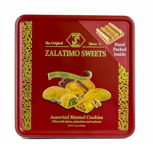 Zalatimo Sweets Since 1860, 100% All Natural Assorted Mamoul Shortbread Cookies, Square Metal Gift Tin, Slightly Sweet Cookies, Pistachio, Walnuts, Dates, No Preservatives, No Additives, 1.7Lbs