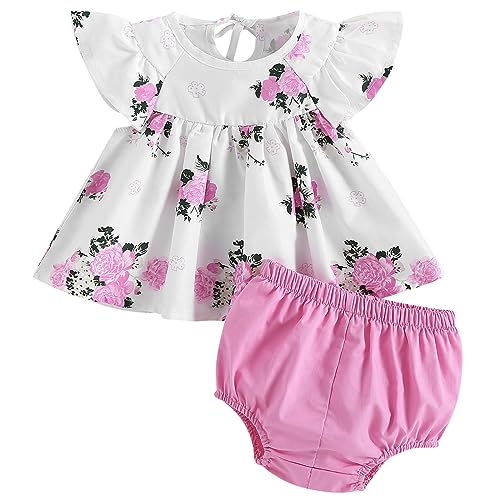 Image of Mubineo Baby Girl 3PCS Summer Boho Rompers Outfits Bodysuit Shorts Clothes Headband Set (Qbc Pink White Flower, 0-3 Months)