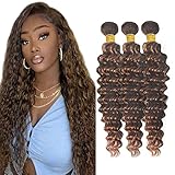 P4/30 Bundles Ombre Deep Wave Human Hair Bundles Brazilian Unprocessed Virgin Hair 3 Bundles 12 14 16 Inch Two Tone Brown Mixed With Medium Auburn Bundles Human Hair Piano Color Bundles